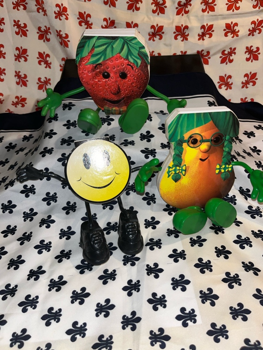 Cute Fruit Character Bookends and Smiley Figure Set - Yellow, Green, Red